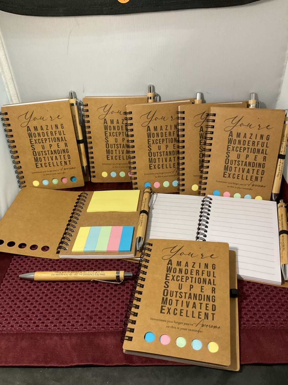 Lot of 8 spiral notebooks with bamboo ink pens and sticky notes